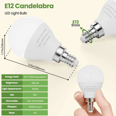 E12 candelabra LED bulb with specifications including 6 Pack Bright Ceiling Fan Light Bulbs 60W Equivalent LED E12 A15 Candelabra Base Non Dimmable Daylight 5000K 120V Long Lasting 30000 Plus Hours For Home Kitchen Dining.