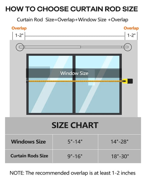 Diagram showing how to choose curtain rod size with measurement guide for Magnetic Curtain Rod Set, 2 Pack For Metal Doors, Adjustable 18 To 30 Inch.