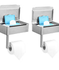 Two Pack Stainless Steel Toilet Paper Holder With Built In Shelf For Mega Rolls Up To 6 Inch Diameter Wall Mount Bathroom Organizer With Hidden Wet Wipe Dispenser Silver Finish Easy Reach Storage Saver, showing set of 2 holders with wipes