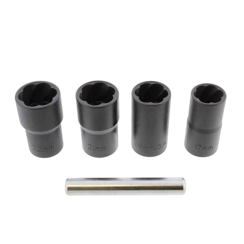 Five Piece Lug Nut Extractor Socket Set For Rusted Stripped Bolts And Nuts Twist Socket Design With One Half Inch Drive