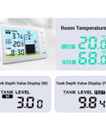 Digital display of liquid level sensor for water tanks with temperature monitoring and automatic control, showing measurements.