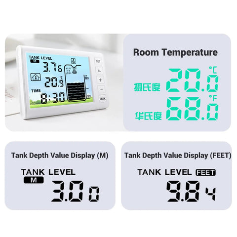 Digital display of liquid level sensor for water tanks with temperature monitoring and automatic control, showing measurements.