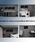 Heavy Duty Built Tough Steel Wall Cabinet for Garage and Workshop Tool Storage with Two Removable Shelves shown in various settings