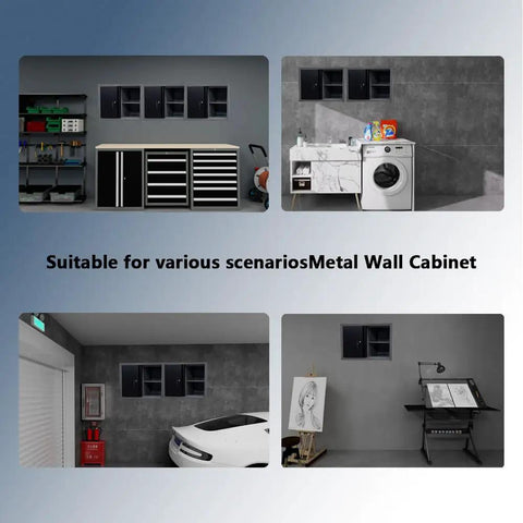Heavy Duty Built Tough Steel Wall Cabinet for Garage and Workshop Tool Storage with Two Removable Shelves shown in various settings