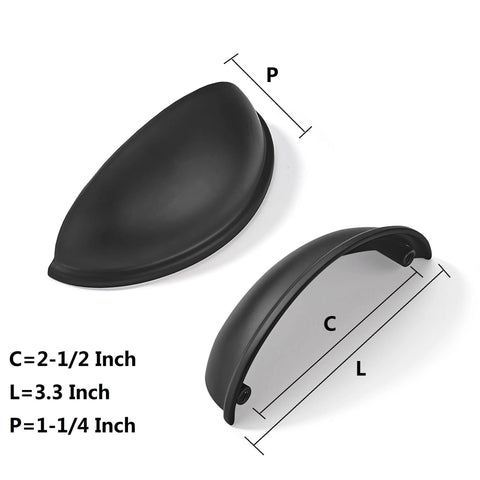 Diagram of 10 Pack Matte Black Cabinet Drawer Pulls 3.3 Inch Length Zinc Alloy Cup Pulls with dimensions labeled