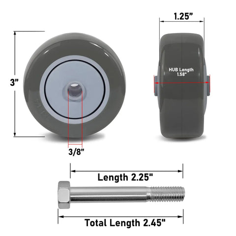Heavy Duty 3 Inch Polyurethane Caster Wheels Set Of 4 Bringing Smooth Rolling Ease To Furniture Carts with dimensions shown.
