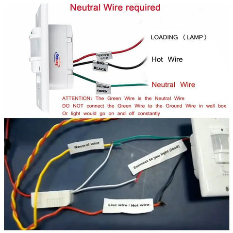 Wiring diagram for 110V Motion Sensor Light Switch With 180 Degree Occupancy Detection Wide Angle Wall Mounted Sensor, showing wire connections