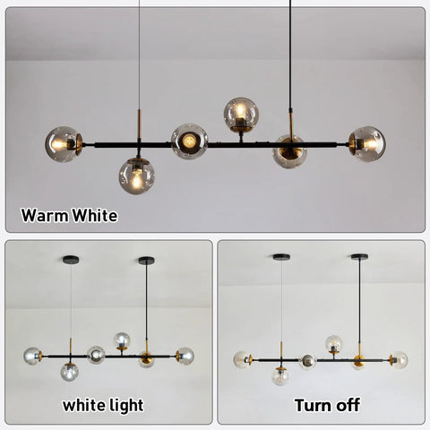Mid-Century Glass Globe Pendant Light Fixture In Black And Gold, Semi-Flush Ceiling Chandelier, Warm White and Off Modes