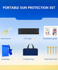 Portable sun protection set for 10x10 Ft Beach Shade Canopy Tent With 8 Sandbags, UPF Fifty Plus Sun Shelter accessories displayed.