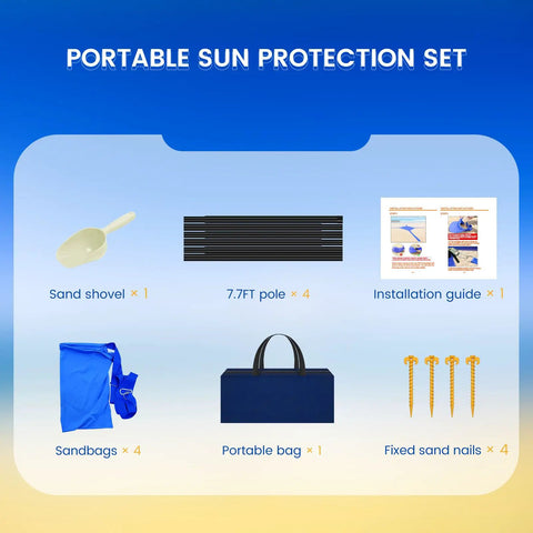 Portable sun protection set for 10x10 Ft Beach Shade Canopy Tent With 8 Sandbags, UPF Fifty Plus Sun Shelter accessories displayed.