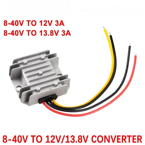 Built Tough Heavy Duty Dc To Dc Boost Converter Step Up Voltage Regulator Module For Auto Cars And Boats Delivers Straight Up Steady 12 Volt 13 Point 8 Output At 10 Amp Load, with metal casing and multiple wires.