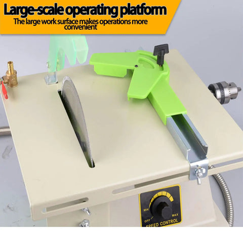 Pro 110V Gem Faceting Machine 5-in-1 Bench Grinder for Polishing Jade Stone Carving Wood showing large operating platform and adjustable guide.