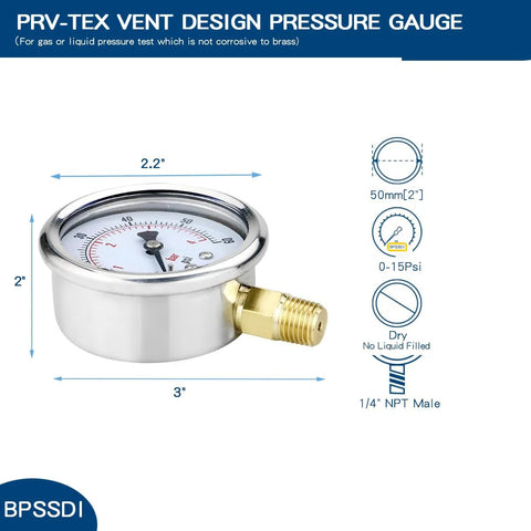 BPSSDI 0-15 psi low-pressure gauge with 2.5in dial, stainless steel case, 1/4in NPT lower mount