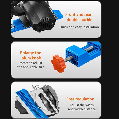 Adjustable Circular Saw Guide Rail For Precise Wood And Marble Cuts, showing front and rear buckle, plum knob, and free regulation
