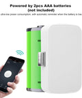 Keyless Smart Bluetooth Cabinet Lock Phone App Control One Touch Open, close-up of lock with smartphone, powered by AAA batteries.