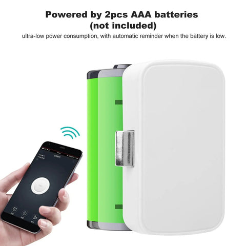 Keyless Smart Bluetooth Cabinet Lock Phone App Control One Touch Open, close-up of lock with smartphone, powered by AAA batteries.