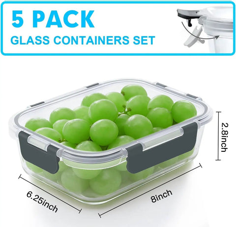 Five Pack 36 Oz Glass Meal Prep Containers With Airtight Lids BPA Free Glass Lunch Storage Set For Microwave Oven Freezer And Dishwasher Safe Ideal For Portion Control Leftovers And Grab And Go Grey