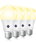Outdoor Dusk To Dawn LED Light Bulbs A19 3000K Soft White, 1200 Lumens, 10.5W Equivalent, 4-pack arranged in a row