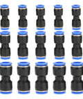 Super Easy Straight Push Connector Kit with 30 Pcs Of Durable Pneumatic Tube Fittings For Air Lines In Sizes 1 4 5 16 And 3 8 Inch Perfect For Fast Hookups On Systems Working Between 32 To 140 Degree F. black straight pneumatic tube fittings with blue collets