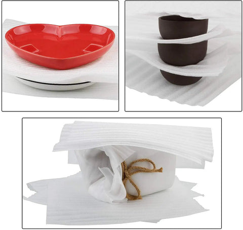 Heart-shaped and round dishes wrapped in 12x12 Foam Wrap Sheets For Packing And Moving Supplies, Cushion Foam Sheets For Dishes And Glassware, 50-Pack Pre-Cut Recyclable Polyethylene Padding For Fragile China And Chinaware, Ideal For Storage And Shipping With Killer Scratch-Free Protection.