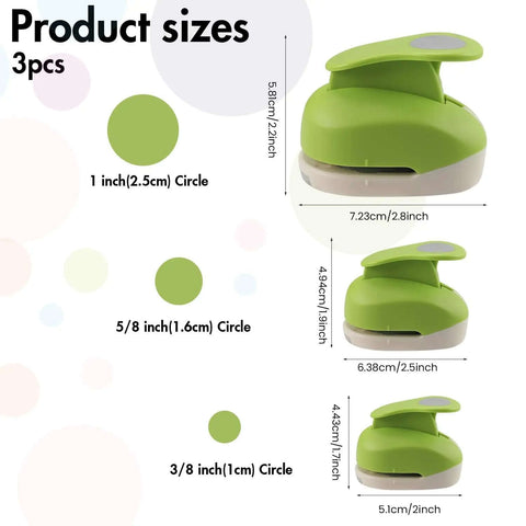 Grab And Go Three Size Circle Hole Punch Set for scrapbooking with 1 inch, 5/8 inch, and 3/8 inch punches shown in green color.