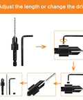 Front view of three-piece countersink drill bit set with #10 #12 #16 sizes, 1/4 in hex shanks and Allen wrench