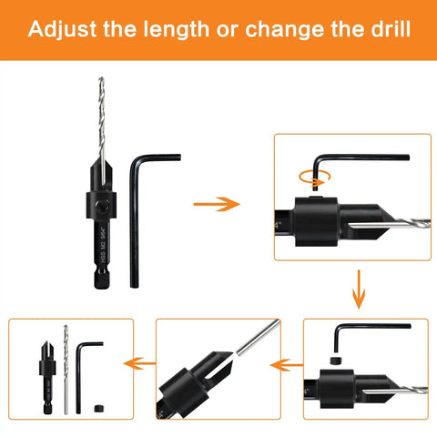 Adjustable depth view of 5 Piece Woodworking Countersink Counterbore Drill Bit Set 3 In 1 For Flush Screws 6 To 16, M2 Pilot Bits.