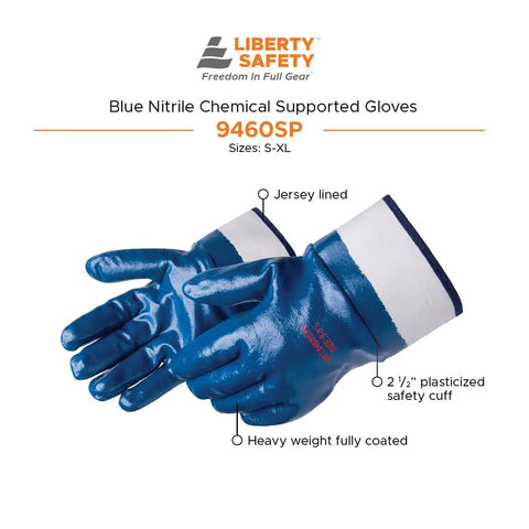 Fully Coated Nitrile Work Gloves With Two And A Half Inch Safety Cuff Jersey Lined For All Day Comfort Grippy Oil And Abrasion Resistant Grip For Tough Industrial Handling In Blue Large Pack Of 12, showing side view of blue gloves with white cuff