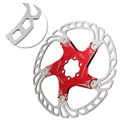 Mountain Bike Disc Brake Rotor And Pads 203mm Five Bolt Build With Stainless Steel Outer And Aluminum Inner For Hydraulic Mechanical Brakes, red rotor view.