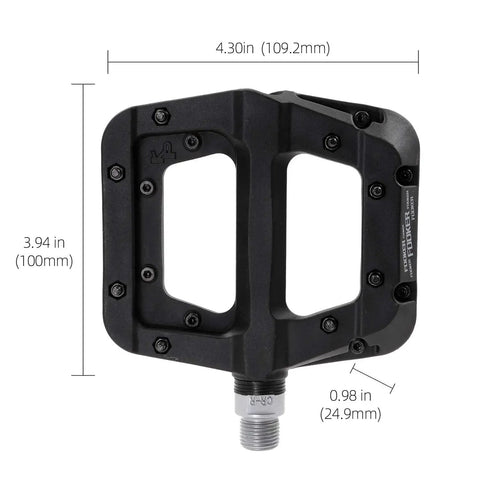 MTB Pedals Built For Action Non Slip Platform Pedals 9/16 Inch For BMX And Mountain Bikes with dimensions and design details