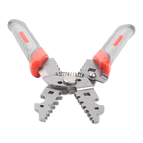 All In One Wire Stripper Tool For Electricians With Carbon Steel Pliers showing ergonomic handle and cutting edges.