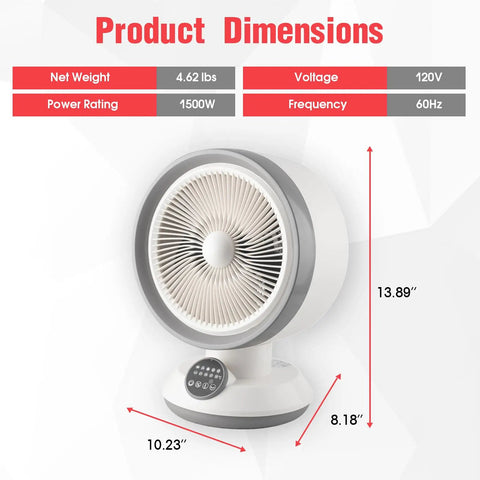 2 In 1 Heater And Fan Combo 1500W Portable Space Heater with dimensions, adjustable thermostat, oscillating cooling fan.