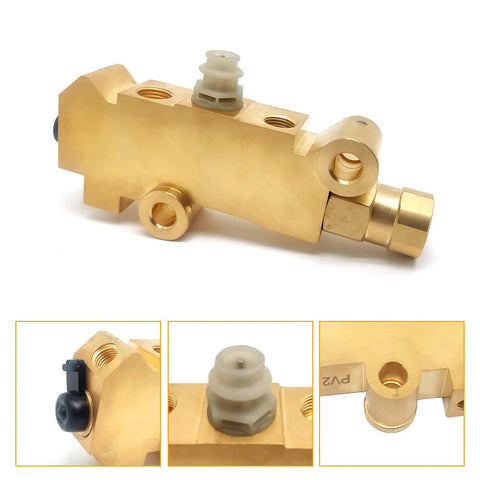 Handcrafted Brass Proportioning Valve Delivers Rock Solid Hydraulic Control For Street Rods And Trucks Featuring Disc Front And Drum Rear Brake Setups Compatible With Gm Gmc Chevy And Ford, side view with plumbing fittings.