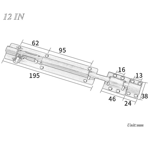 Detailed diagram of No Fuss Stainless Steel Sliding Bolt Door Latch With Smooth Self Closing Design, 12 inches length.