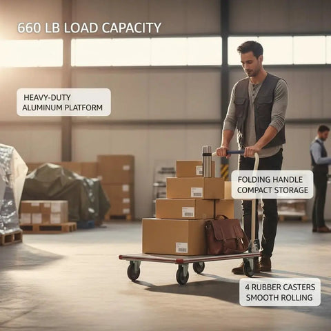 Man using 24X36 Aluminum Platform Truck Cart, 660 Lb Heavy Duty Workhorse Flatbed with boxes in a warehouse.