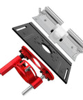 Dead Nuts Precise Aluminum Router Lift And Table Insert Plate Kit With Center Bushing, red metal parts and black plate, for woodworking.