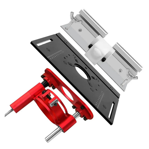 Dead Nuts Precise Aluminum Router Lift And Table Insert Plate Kit With Center Bushing, red metal parts and black plate, for woodworking.