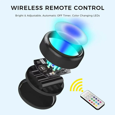 Exploded view of Remote Controlled 6 Pack LED Hockey Puck Lights Battery Powered Wireless Under Cabinet with remote and color-changing feature.