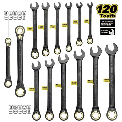 312 Piece Mechanics Tool Set With 120 Tooth Ratchet And 2 In 1 SAE Metric Wrench, various sizes arrayed on white background