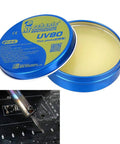 Open tin of MCN UV80 Paste Flux No Clean Soldering Tin for PCB BGA PGA SMD use with electric soldering iron and flux on PCB.