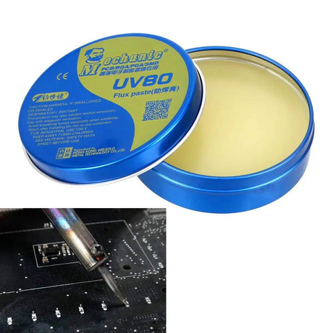 Open tin of MCN UV80 Paste Flux No Clean Soldering Tin for PCB BGA PGA SMD use with electric soldering iron and flux on PCB.