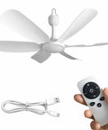 Kicking Airflow 18 Inch USB Ceiling Fan With Remote Control And 6 Speed Settings featuring 5 white blades and USB cable for camping or bedroom cooling.