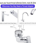 Diagram showing 1080 Degree Rotating Aerator Extender compatibility with 24mm female and 20-22mm male threaded faucets.