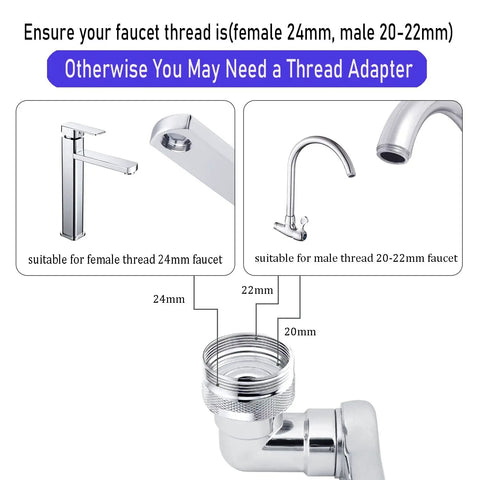 Diagram showing 1080 Degree Rotating Aerator Extender compatibility with 24mm female and 20-22mm male threaded faucets.