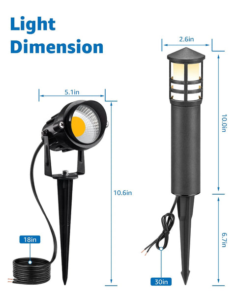 Low Voltage Landscape Lighting Kit With Eight Path Lights And Four Spotlights For Garden, Path, Yard And Patio, dimensions shown