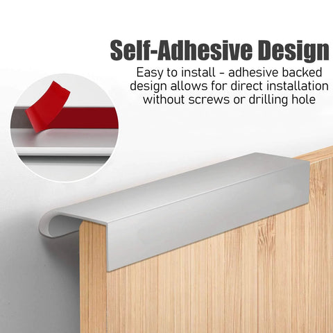 12 Pack Self Adhesive Drawer Pulls 3.15 Inch Silver Finger Edge Cabinet Handles showing hidden pull on wood panel