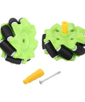 Green mecanum wheel set for robot cars with hex pins and screws, ideal for DIY models and smart robot car projects.