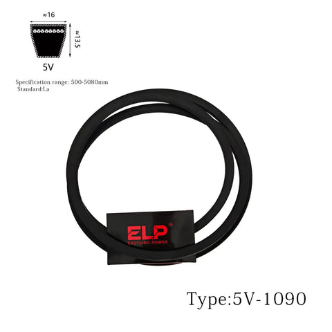 Durable 5V1090 Rubber V-Belt For Heavy Duty Engines With Neoprene And Polyester Cord Core laying flat side view on a white background.