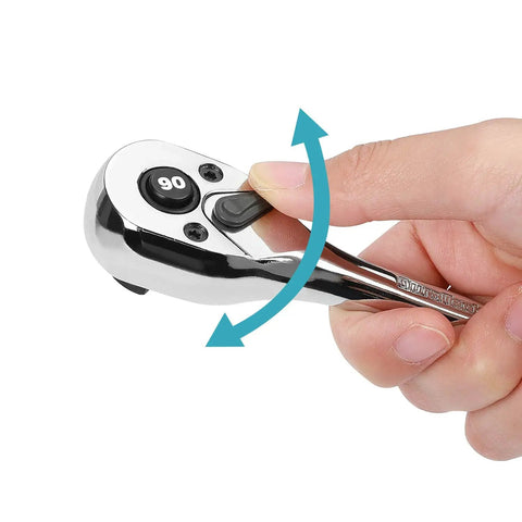 Hand holding a Three Eighths Inch Drive Ratchet With Ninety Tooth Quick Release Reversible Chrome Alloy Finish showing rotation pivot.