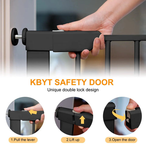 Person using the lock mechanism of the Extra Wide Walk Through Pet Gate With Auto Close Durable Metal Baby And Pet Gate For Stairs And Doorways Forty Point Five Inches Full Width Includes 2 Extension Kits Black.